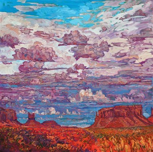 This Western oil painting brings to life the grandeur of the Four Corners region, capturing the red rock buttes near Monument Valley. The dramatic monsoon clouds rise high above the landscape, bringing their daily rain to the desert floor.

This large painting measures 6 feet x 6 feet, and the work has been framed in a custom-made gold floater frame. 