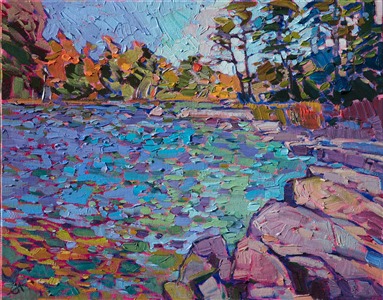 This is a painting of Acadia National Park in Maine. The park has beautiful lakes surrounded by rolling mountains and beautiful fall foliage. The waters in this lake were clear and reflective, making a calm and peaceful vista.

This painting was done on 1/8" canvas, and it arrives framed and ready to hang.