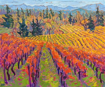 Willamette Valley wine country has been rated as one of Time Magazine's 2023 World's Greatest Places. Rolling hills are covered in lush and colorful vines, with pine and oak trees intermingled. This painting captures Oregon's wine country in brush strokes and impressionist color reminiscent of Monet and van Gogh.

<b>Please note</b>: This painting will be hanging in a museum exhibition until November 5th, 2023. This piece is included in the show Erin Hanson: Color on the Vine at the Bone Creek Museum of Agrarian Art in Nebraska. You may purchase the painting now, but you will not receive the painting until after the show ends in November 2023.

"October Vines" is an original oil painting created on stretched canvas. The piece arrives in a gold floater frame, ready to hang.