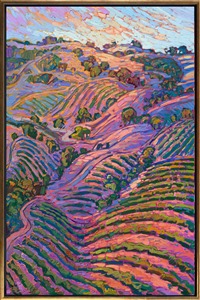 I used a drone to capture this view of the overlapping vineyards around Adelaida Winery in Paso Robles, California. The wine country in central California is the most idyllic I have seen, with perfectly rounded hills and neat little vineyards tucked away among the hillsides.

<b>Please note:</b> This painting will be hanging in a museum exhibition until November 5th, 2023. This piece is included in the show Erin Hanson: Color on the Vine at the Bone Creek Museum of Agrarian Art in Nebraska. You may purchase the painting now, but you will not receive the painting until after the show ends in November 2023.

"Hills of Vines" is an original oil painting by Erin Hanson. The thickly applied brush strokes capture the movement and contrasting colors of the scene. This piece arrives framed in a 23kt gold floater frame, ready to hang.