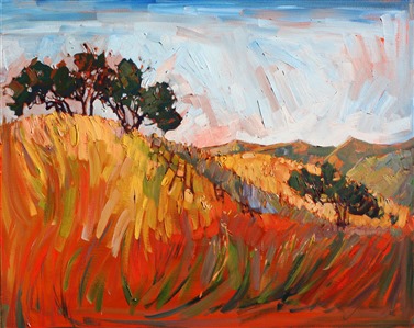 Central California turns a vibrant red-gold as the landscape heats up in summer. The crisp golden grass is a lovely contrast against the green oak trees. This painting is the first in a series of two.