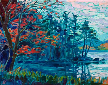 This petite painting of Acadia National Park captures one of Maine's many lakes with lively strokes of color. The maple tree in the foreground stands out starkly against the background of evergreen trees.

"East Coast Maple" was created on fine linen board, and the painting arrives framed in a hand-carved and gilded plein air frame.