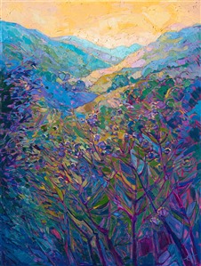 Layers of royal hues form an enticing landscape painting of Paso Robles, California.  The purple thistles in the foreground create abstract shapes within the impressionist movement of the painting.

This painting was created on gallery-depth canvas, with the painting continued around the edges. This painting may be hung without being framed, as the sides are painted as a continuation of the piece.

Collection of The Allegretto Vineyard Resort, Paso Robles, CA. 2015.