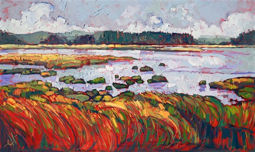 Crossing into Washington state along the coast, you are suddenly faced with mile after mile of beautiful inlets of water and marshy outcroppings. This paintings captures the summer colors of August in southern Washington.
