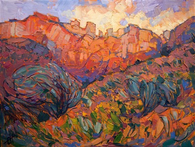 Zion National Park is painted here in vivid color and loose brush strokes.  The painting comes alive, drawing you into the crisp, early morning beauty of Zion.