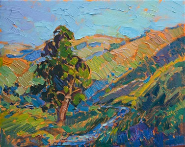 A spring-green oak tree nestles in the hills near a small brook, in this expressionistic oil painting. The petite scale of this work creates an intimate closeness with the landscape.

This painting was done on 3/4" stretched canvas.  It has been framed in a hand-carved gold frame.