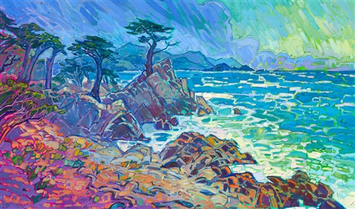 Vibrant hues of turquoise and blue seem to leap from the canvas in this impressionistic depiction of Monterey, California. Each brush stroke is alive with energy and color, capturing the fresh air of the outdoors.

"Monterey Clouds" is an original oil painting created on stretched canvas. The piece arrives framed in a burnished silver "EH" floater frame with dark, pebbled sides.