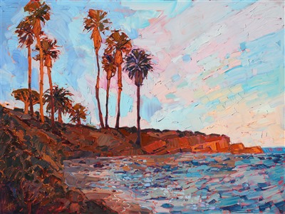 This painting was included in the exhibition <i><a href="https://www.erinhanson.com/Event/TheColorsofSpringArtExhibitionLaJolla" target="_blank">The Colors of Spring</i></a> at the La Jolla Art Library from March 11th through May 21st. 

This painting was included in the exhibition <i><a href="https://www.erinhanson.com/Event/ContemporaryImpressionismatGoddardCenter" target="_blank">Open Impressionism: The Works of Erin Hanson</i></a>, a 10-year retrospective and study of the development of Open Impressionism. 

About the painting:
Erin Hanson moved to San Diego in 2017.  She has been painting the local landscape there, and this painting of the Cove at La Jolla captures the California coastline in the vivid colors and expressive brush strokes that Hanson has become so well known for.  

This painting was done on 1-1/2" canvas, with the painting continued around the edges. The painting arrives framed in a hand-carved gold floater frame (<a href="https://www.erinhanson.com/blog?p=aboutframes" target=_"blank">open impressionist frame</a>).