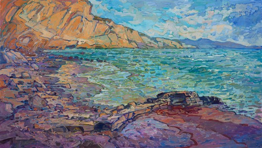 Hiking towards La Jolla from Torrey Pines brings you around an outcropping of rock and onto a quiet, deserted section of the beach.  Magenta-hued rocks tumble from the cadmium cliffs above, and the the cool turquoise waters swim in the distance.  

This painting was created on 2"-deep canvas, with the painting continued around the edges of the canvas. It has been framed in a hard-carved open impressionist frame.
