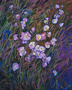 Cool tones of pale blue and lavendar stand out starkly against the dark spring grasses.  The beautiful evening primrose looks like little moons of light within the grassy floor.

This painting was created on 1-1/2" deep canvas, with the painting continued around the edges.  The painting arrives framed in a carved floater frame designed for the painting.

This painting will be displayed at <a href="https://www.erinhanson.com/event/californiasuperbloomartexhibition">The Super Bloom Show</a>, September 9th, at The Erin Hanson Gallery in San Diego.  If you purchase this painting before the show, your piece will be shipped to you after September 9th.