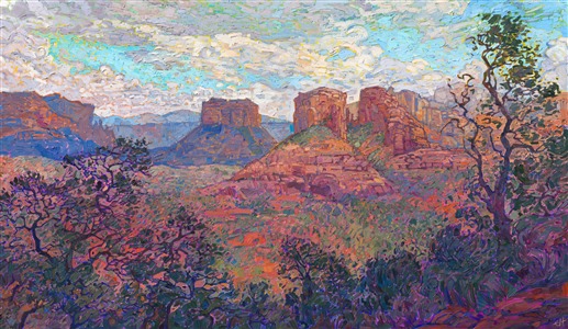 The beautiful red rock vista of Sedona stretches across the horizon, bathing the eyes in sun-drenched color.  The thickly applied brush strokes are loose and impressionistic, capturing the brisk feeling of standing on the edge of the butte and looking out across the valley.

This painting was created on 1-1/2" canvas, with the painting continued around the edges.  The piece has been framed in a carved gold open impressionist frame.

This painting exhibited in <a href="https://www.erinhanson.com/Event/redrock2018" target=_blank"><i>The Red Rock Show</i></a> in San Diego in the summer of 2018.  <a href="https://www.erinhanson.com/Portfolio?col=The_Red_Rock_Show_2018" target="_blank"><u>Click here</u></a> to view the other Red Rock paintings.