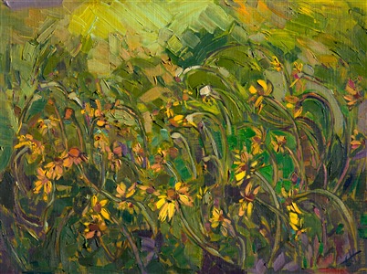 Yellow beads of color burst between the springtime grasses in this small impressionist oil painting. Each wildflower appears a precious, fleeting jewel of color, captured in a few expressive brush strokes.

Collection of <a href="http://www.ayreshotels.com/allegretto-resort-and-vineyard-paso-robles">The Allegretto Vineyard Resort</a>, Paso Robles, CA. 2015.