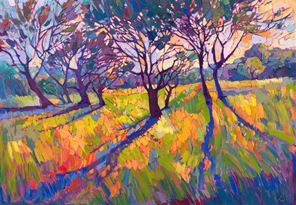 Crystalline, textured light is created in thick, impasto brush strokes. The colors seem to lift off the canvas, transporting you to a different world. This painting of Paso Robles, California, captures the essence and emotion of that landscape.

"Crystal Light II" is an original oil painting done on 1-1/2" stretched canvas.  The piece arrives framed in a gold floater frame, ready to hang.