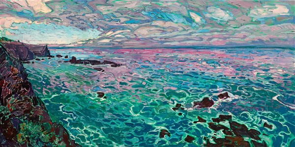 The clouds part over the coastline in Northern California, illuminating the darkening waters with swirls of color. The late afternoon light is tinged with hues of purple and green. The thickly applied oil paint creates rhythms within the painting, leading your eye through the dramatic scene.

"Clouded Light" was created on 1-1/2" canvas, with the painting continued around the edges. The piece arrives framed in a contemprorary floater frame finished with burnished sterling silver metal leaf.