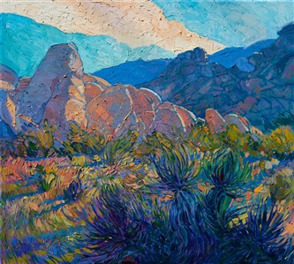 Joshua Tree National Park is filled with unique, white granite boulders that reflect and capture the desert's changing light.  The yucca plants and Joshua trees look beautiful in the cool colors of dawn.

This painting was created on museum-depth canvas, with the painting continued around the edges of the stretched canvas. The painting arrives ready to hang, with framing optional.