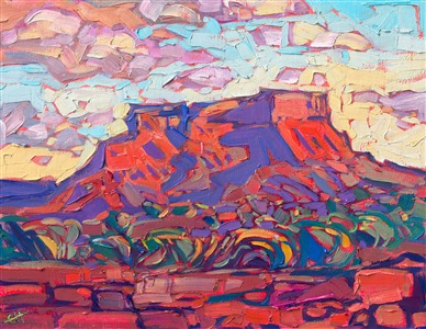 A red rock butte between Monument Valley and Mexican Hat glows with the colors of sunset in the high desert. The pale green sage bushes stand out starkly against the dark red earth. Luscious brush strokes of oil paint carve out the texture of the desert landscape.

"Utah Butte" is an original oil painting on linen board. The piece arrives framed in a plein air frame.