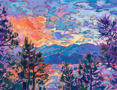 A petite oil painting of a Montana sunset captures the vivid hues of the northwest with thick, impressionistic brush strokes. Brilliant sunset colors are reflected in a mountain lake, surrounded by tall pines.

"Montana Sunset" is an original oil painting created on linen board. The piece arrives framed in a wide, plein air frame, ready to hang.