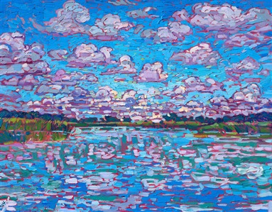 Still waters reflect a blue sky and clouds overhead. The impasto brush strokes add depth and movement to the scene. The piece is reflective, evocative, and peaceful.

The piece will be displayed at Erin Hanson's solo museum show <i><a href="https://www.erinhanson.com/Event/AlchemistofColor" target="_blank">Erin Hanson: Alchemist of Color</i></a> at the Channel Islands Maritime Museum in Oxnard, California. You may purchase this painting now, but the piece will not be delivered until after the show ends on December 28th, 2023.

"Reflections of Summer" is an original oil painting by Erin Hanson. The work was created on 1-1/2" stretched canvas and arrives framed in a burnished silver floater frame, wire-mounted, and ready to hang.