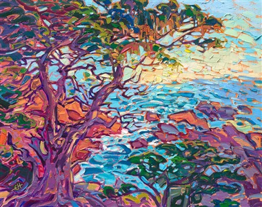 Peeking through the cypress trees near Point Lobos in Carmel, you can see the turquoise waters below swirling around the rocks. The white coastal foam sparkles in the light, glinting between the boughs of the Monterey cypress trees.

"Hidden Cypress" is an orignal oil painting created on linen board. The brush strokes are loose and impressionistic, creating a mosaic of texture and color across the canvas.