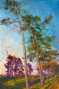 Tall pines with winding branches stretch into the sky in this modern impressionist oil painting. The vivid colors bring the landscape to life and capture the imagination.  Each brush stroke comes together to form a mosaic of color and texture across the canvas.

This painting was created on a gallery-depth canvas with the painting continued around the edges. The painting will arrive in a beautiful hardwood floater frame, ready to hang.
