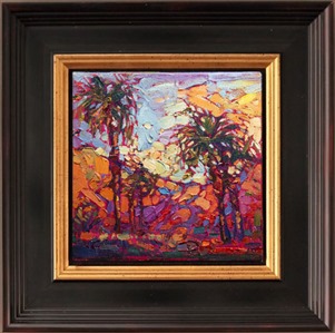 Coachella Valley palms gleam with desert color in this small impressionist oil painting.  Each individual brush stroke is alive with texture and color.

This small 6x6 oil painting arrives framed in a beautiful frame (as pictured), ready to hang.