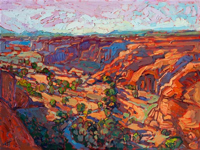 Canyon de Chelly has drawn be back to paint its ever-changing colors and shadows, year after year.  This painting shows the delicate early spring colors as canyon floor becomes sprinkled with tender green shoots.

This painting was done on 3/4"-deep stretched canvas. It has been framed in a classic plein air frame and arrives wired and ready to hang.