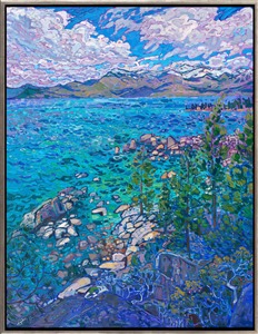 The startling aquamarine colors of Lake Tahoe glimmer in the summer afternoon. The impressionistic brush strokes capture the depth and beauty of the alpine waters. The rich blue hues are a beautiful contrast against the white granite boulders that surround the lake.

"Alpine Tahoe" is an original oil painting on stretched canvas. The piece arrives framed in a silver floater frame, ready to hang.