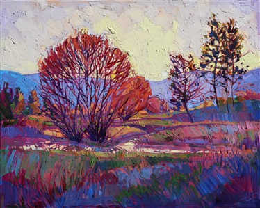 Warm tones brush the tips of these trees waiting for spring, in this peaceful painting of the Montana landscape near Glacier National Park. The brush strokes are thick and impressionistic, creating a mosaic of color and texture.