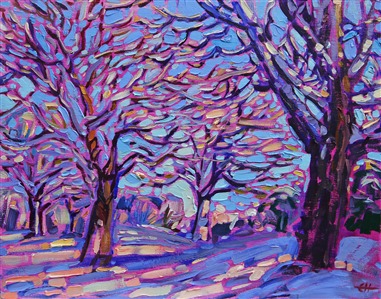 Winter oak trees draped in snow catch the light of dawn. The brush strokes in this petite painting are loose and impressionistic, re-creating the transient light of the landscape.

"Oaks in Snow" is an original oil painting on linen board in Erin Hanson's signature Open Impressionism style. The piece arrives framed in a wide, mock floater frame finished in black with gold edging.

This piece will be displayed in Erin Hanson's annual <i><a href="https://www.erinhanson.com/Event/petiteshow2023">Petite Show</i></a> in McMinnville, Oregon. This painting is available for purchase now, and the piece will ship after the show on November 11, 2023. 
