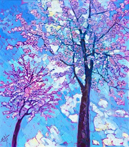 Cherry trees blossom with white and pink flowers, an explosion of springtime exuberance. The brush strokes are thick and lively, capturing the fleeting beauty of the flower-laden trees.

"Cherry Blooms" is an original oil painting created on stretched canvas. The piece arrives framed in a contemporary gold floater frame, ready to hang.