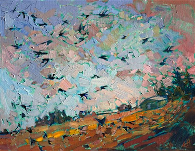 Exploring the wine country of central Oregon, I startled a coven of crows that leapt suddenly into the air and created abstract shapes in the sky.  This painting captures that impression and memory on canvas.

This painting was created on canvas board, and it arrives framed in a classic plein air frame, ready to hang.