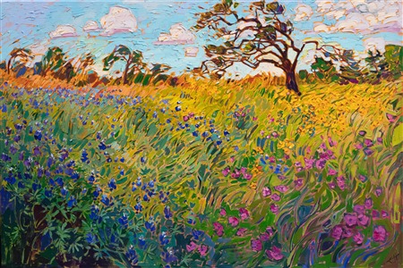 A flurry of bluebonnets merges with a rainbow array of Texas wildflowers in this impressionistic oil painting. The brush strokes are loose and painterly, capturing the colors and movement of the outdoors.

"Wildflower Spring" was created on 1-1/2" canvas, with the painting continued around the edges. The piece has been framed in a contemproary 23kt gold floater frame.