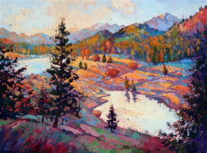 The Montana landscape near Glacier National Park is covered in reflective pools and wide plains of winding grasses and pines. This beautifully lush landscape is most stunning in the late afternoon light, the last warm rays of sunlight streaking pink and orange across the hills.

This painting was created on a gallery-depth canvas with the painting continued around the edges. The painting will arrive in a beautiful hardwood floater frame, ready to hang. 