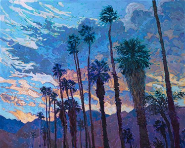 The last light of a setting sun illuminates this desert landscape, the tall California palms silhouetted against the colorful clouds. The brush strokes in this painting are loose and impressionistic, alive with color and texture.

This painting was done on 1-1/2" canvas, with the painting continued around the edges. The piece has been framed in a custom gold floating frame. 