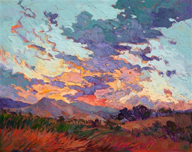 Vibrant colors burst from the canvas in a kaleidoscope of light and texture.  Each brush stroke is alive with motion and freedom, capturing the fleeting glory of this amethyst sunset.

This painting was created on 2"-deep canvas, with the painting wrapped around the edges.  This painting does not require framing and arrives ready to hang.

Exhibited: "Impressions in Oil", Studios on the Park. Paso Robles, CA. 2015