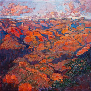This painting of the Grand Canyon was inspired by the first time I ever saw the Grand Canyon in person, a few years ago.  Since then I have revisted the canyon at different times of the day, and this October I will be backpacking down into the canyon to explore it from a different viewpoint.  The vibrant colors and repeating patterns of the landscape are surprising and awe-inspiring when seen in person, and I wanted to capture some of that wide expanse of drama in this large oil painting.

This painting was created on 1-1/2"-deep wrapped canvas, with the painting continued around the edges of the canvas.  This work has been framed in a gold floater frame.  The angular lines of the frame beautifully complement the canyon pattern in the painting. 

Exhibited <a href="https://www.erinhanson.com/Event/ErinHansonTheOrangeShow"><i>The Orange Show</i></a>, The Erin Hanson Gallery, Los Angeles, CA. 2016.

Available from <a href="http://www.medicinemangallery.com/collection/Contemporary/c/Hanson,-Erin">The Medicine Man Gallery</a>, in Tuscon, Arizona.