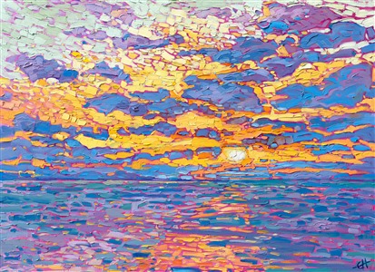 Dappled light of sunset flickers across the ocean in this impressionistic oil painting. Broad strokes of pure color capture the vivid hues of the setting sun reflecting on the ocean waters.

"Dappled Ocean" was created on 1-1/2" stretched linen. The piece arrives framed in a contemporary gold floater frame, ready to hang.