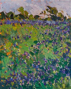 It was a beautiful year for Texas bluebonnets!  These charming little blue-purple wildflowers grow with wild abandon across the central Texas hill country.  This painting captures a fleeting impression of the bluebonnets in spring.

This painting was created on 3/4" canvas and arrives framed in a classic gold leaf frame, ready to hang.  The second photograph above shows the painting under gallery lighting in the frame that is included with this piece.