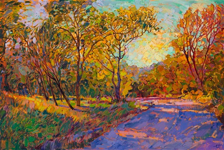 Fall colors dance together in this original oil painting.  The long afternoon shadows are a beautiful contrast to the warm autumn leaves.  This contemporary impressionist painting is alive with impasto brushwork that creates a mosaic of color and texture across the canvas.

This painting was created on 1-1/2"-deep canvas, with the painting continued around the edges of the canvas. It has been framed in a hand-carved Open Impressionist frame. This custom-made frame is gilded with genuine gold and complements the warm colors in the painting.