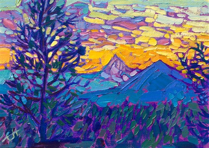 This petite work captures the vibrant blues and purples you can see in the Oregon Cascades at sunset. The sky glows a rich, coppery yellow.

"Cascades Blues" is an original oil painting on linen board. The piece arrives in a mock floater frame finished in black with gold edging.

This piece will be displayed in Erin Hanson's annual <i><a href="https://www.erinhanson.com/Event/petiteshow2023">Petite Show</i></a> in McMinnville, Oregon. This painting is available for purchase now, and the piece will ship after the show on November 11, 2023.