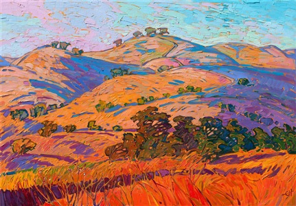 Luscious layers of golden hills stretch up into a dawning sky in this landscape of Paso Robles, California. Wine country is famous for its perfectly rounded hills and ancient oak trees. Summer is a wonderful time to experience the rich colors of this region.

"Layers of Gold" was created on 1-1/2" deep stretched linen. The piece arrives framed in a contemporary gold floater frame.