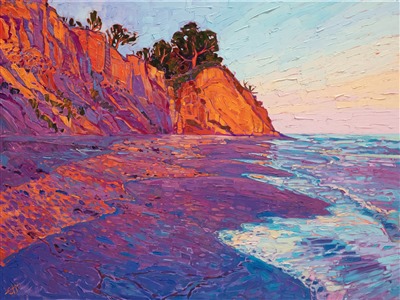 Loon Point in Santa Barbara is captured in vivid, impressionist oils. The loose brush strokes and expressive color palette bring to life the feeling of walking along the wet sands, waiting for the light to change to sunset and dusk.

"Loon Point" was created on 1-1/2" canvas, with the sides of the gallery-wrap finished. The piece arrives framed in an Open Impressionism frame, a hand-carved and gilded floater frame designed by the artist.