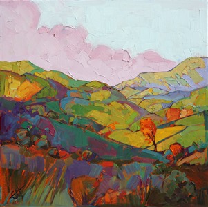 The foggy cloud bank rolled back from Paso Robles towards Cambria, leaving these spring-tinted hills apple bright in the morning sun. Contrasting pieces of gold-red and purple make the spring green pop in this painting.

This painting was created on gallery depth canvas, with the painting continued around the edges of the stretched canvas. It arrives ready to hang without a frame needed.

Exhibited: "Impressions in Oil", Studios on the Park. Paso Robles, CA. 2015