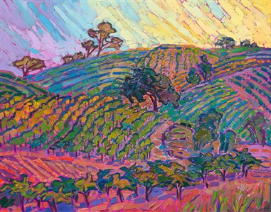 Layers of vineyard-covered hills glow with the colors of sunset in this painting of Paso Robles, California. The wine country in central California is filled with softly rounded hills and ancient oak trees, with enough color to inspire hundreds of paintings!

<b>Please note:</b> This painting will be hanging in a museum exhibition until November 5th, 2023. This piece is included in the show <i><a href="https://www.erinhanson.com/Event/ErinHansonatBoneCreekMuseum">Erin Hanson: Color on the Vine</i></a> at the Bone Creek Museum of Agrarian Art in Nebraska. You may purchase the painting now, but you will not receive the painting until after the show ends. You will receive your painting a week or two before Thanksgiving 2023. 

"Vineyard Light" is an original oil painting created on stretched canvas. The piece arrives framed in a contemporary floater frame finished in burnished 23kt gold leaf.