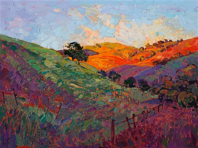 This painting of Paso Robles is alive with vivid hues of orange and purple.  The impasto brush strokes are loose and impressionistic, creating a mosaic of color and texture across the canvas.  This contemporary landscape painting captures the transient light you see just before sundown, when the sun's rays are deep and saturated with color.

This painting was done on 1-1/2" deep canvas, with the painting continued around the edges. It will arrived framed in a gold floater frame.