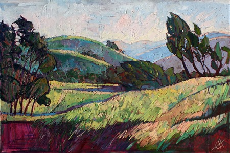 Autumn winds blow through these fields and rolling hills of Paso Robles, captured in thick, textural brush strokes with lots of life and energy. The colors pull you into the layers of the painting, bringing a piece of Central California into your home.