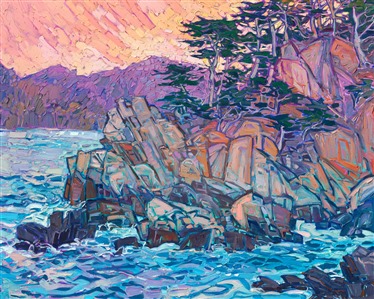 Hiking through Point Lobos as the sun began to set, the whole world changed from vivid hues of coppery orange to a soft palette of lavender, turquoise, and buttercream. Coming around a bend in the trail, I saw the last rays of sunlight illuminating a grove of ambitious cypress trees growing out of the rocky cliffside. 

"Point Lobos Dusk" is an original oil painting created on gallery-depth canvas. The painting arrives framed in a contemporary gold floater frame, ready to hang.