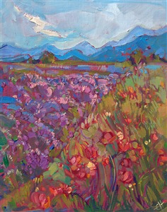 A petite canvas captures the beautiful colors of summer in Sequim, Washington. Lavender fields glow with delicate hues in the afternoon sun, and the red poppies in the foreground add a pop of color.

This petite oil painting was created on linen board, and it arrives framed and ready to hang. This painting is being sold on consignment through The Erin Hanson Gallery.