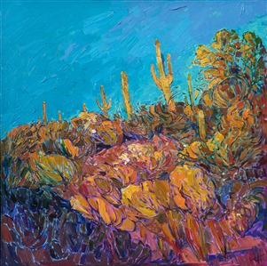 Southwest colors are expressed in vibrant hues of green, blue, and magenta. The setting sun lights up the desert hillside, causing the plants and saguaro to glow brightly against a darkening sky. The brush strokes are loose and impressionistic, alive with texture and motion.

This painting was done on 1-1/2" canvas, with the painting continued around the edges.  The painting has been framed in a carved gold floater frame.
