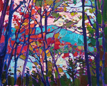A mosaic of color, this painting captures the beauty of the east coast with vivid colors and impasto brush strokes.  This piece was inspired by a small lake in New Hampshire. This painting was done on 1/8" canvas.